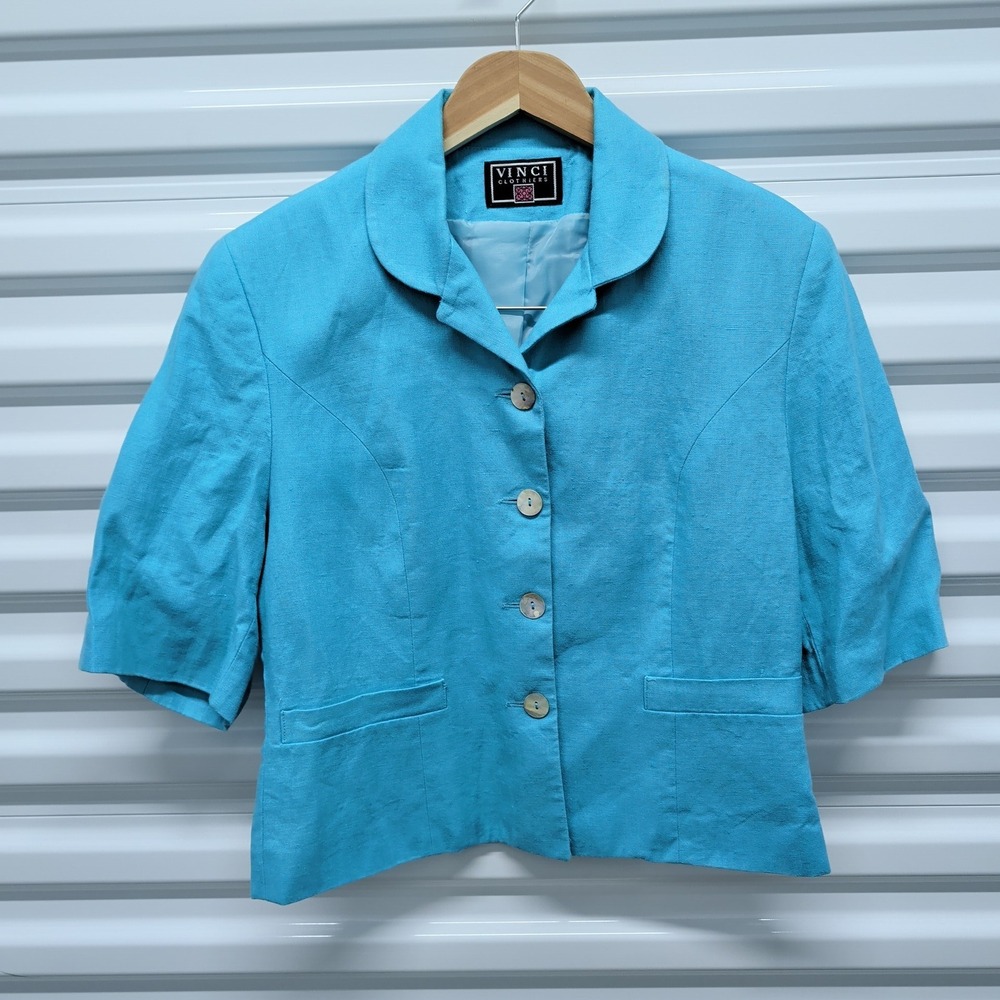 Vinci Clothiers Size 8 Womens Turquoise 100% Linen Short Sleeve Blazer Jacket